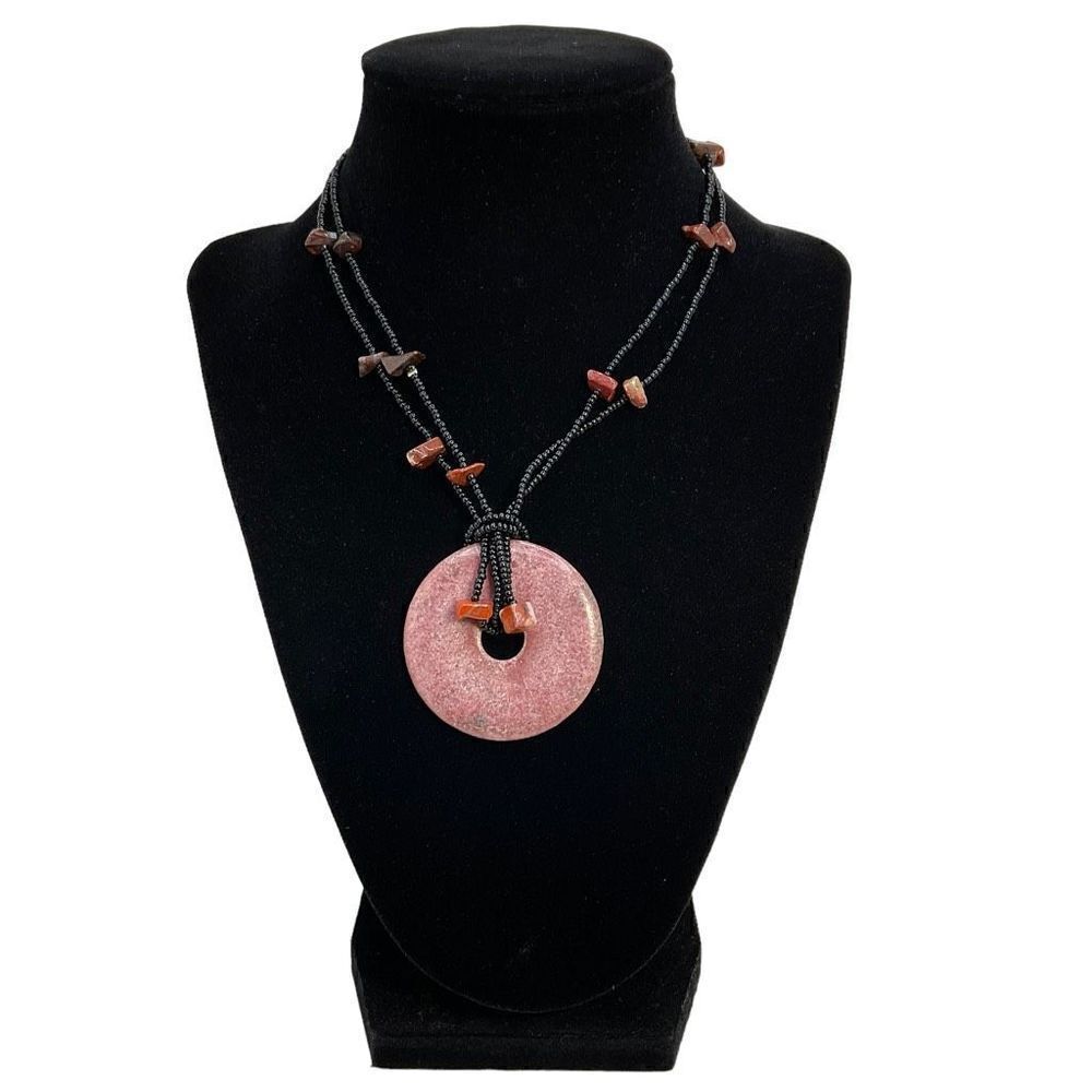 Rhodochrosite Necklace Purple Natural Stone Donut Pendant Black Beaded Chain
